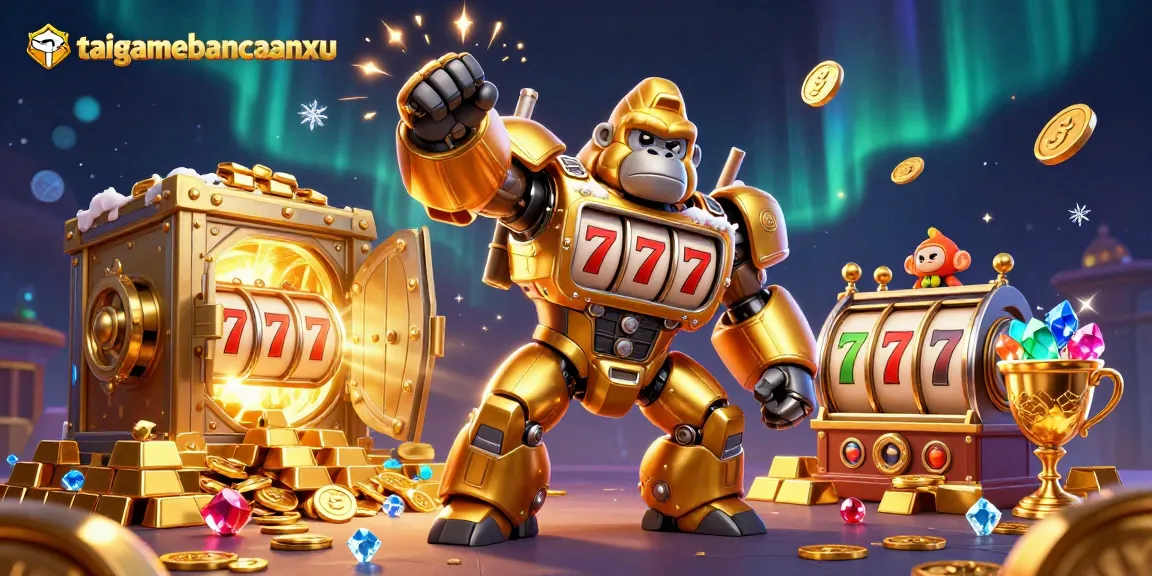 Play the taigamebancaanxu slots with golden gorilla mech and treasure vaults in action.