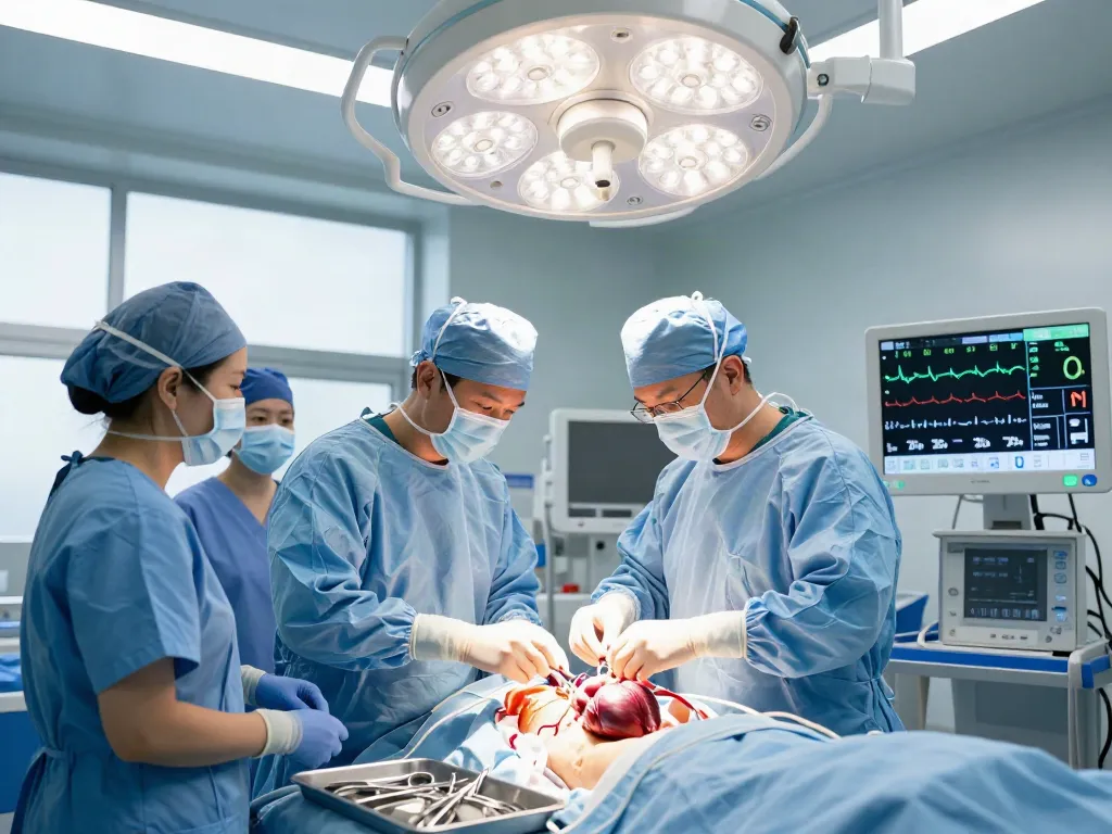 Heart transplant surgery showcasing skilled medical team working in a modern hospital setting.