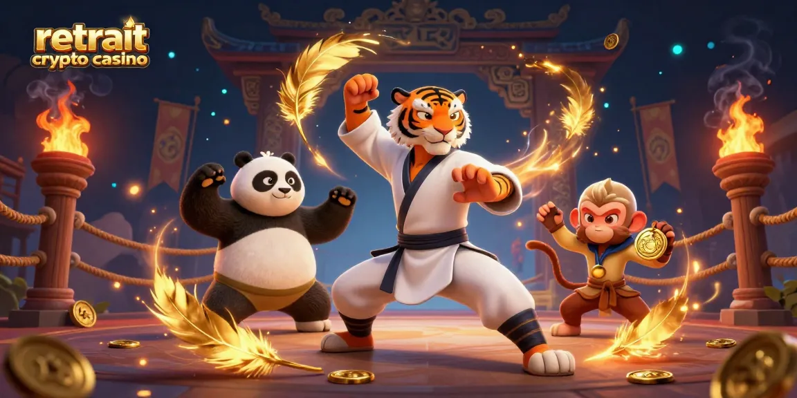 Retrait crypto casino : une illustration dynamique avec un tigre kung-fu et un panda, remplie d'éléments de jeux d'argent.