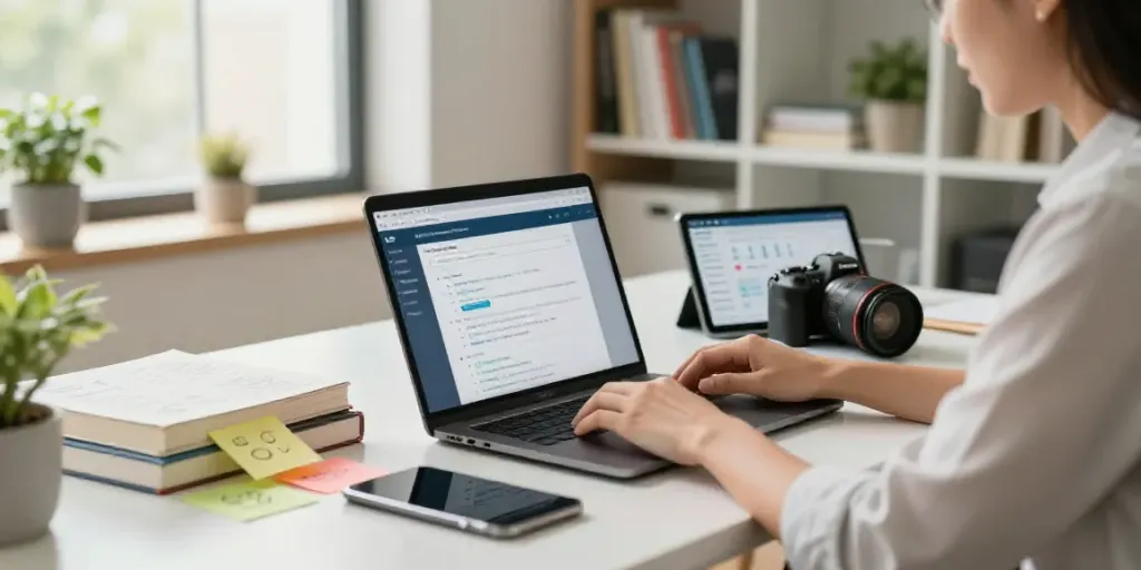 AI email marketing copy generator at a modern workspace with a specialist drafting engaged campaigns.