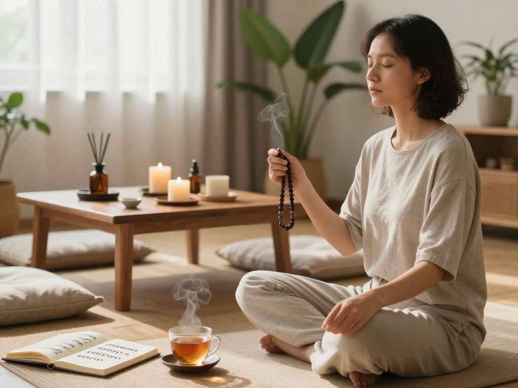 Immerse in a peaceful meditation scene with mantra88 beads and relaxing ambiance.