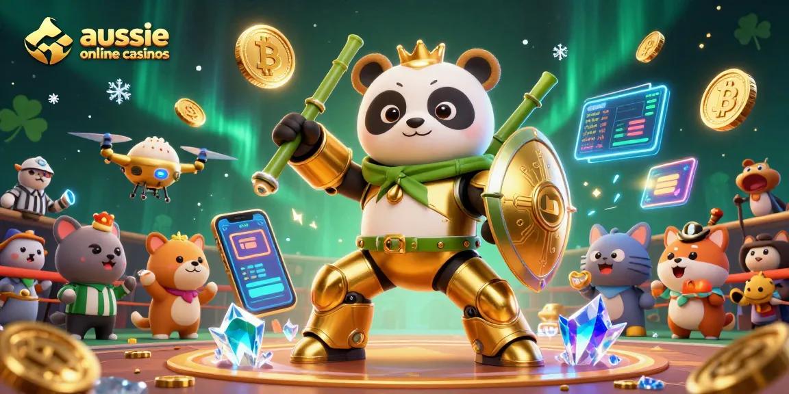 Engage with aussie online casinos through this illustration of a golden panda piloting a bamboo robot in a vibrant casino scene.