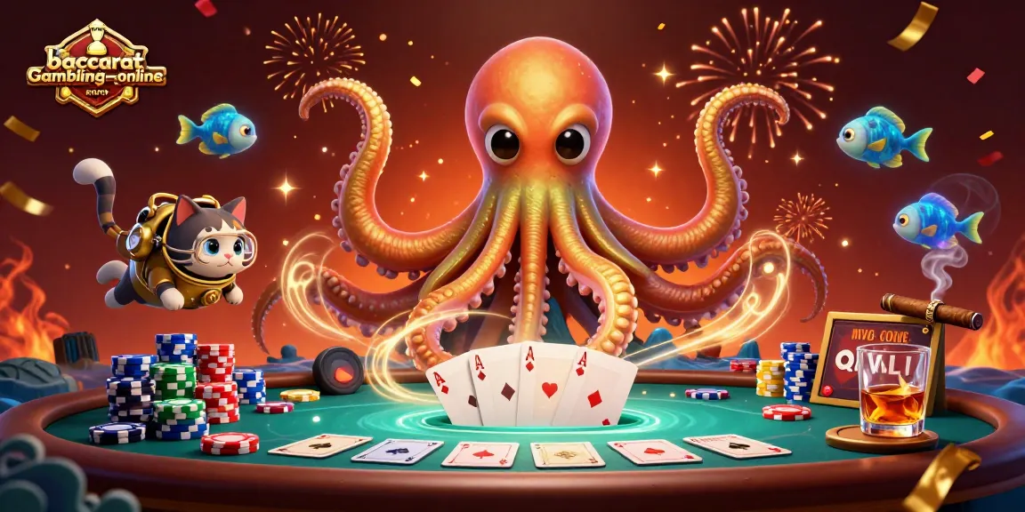 Baccarat-gambling-online scene with kraken, diving cat, and deep-sea fish at a vibrant casino table