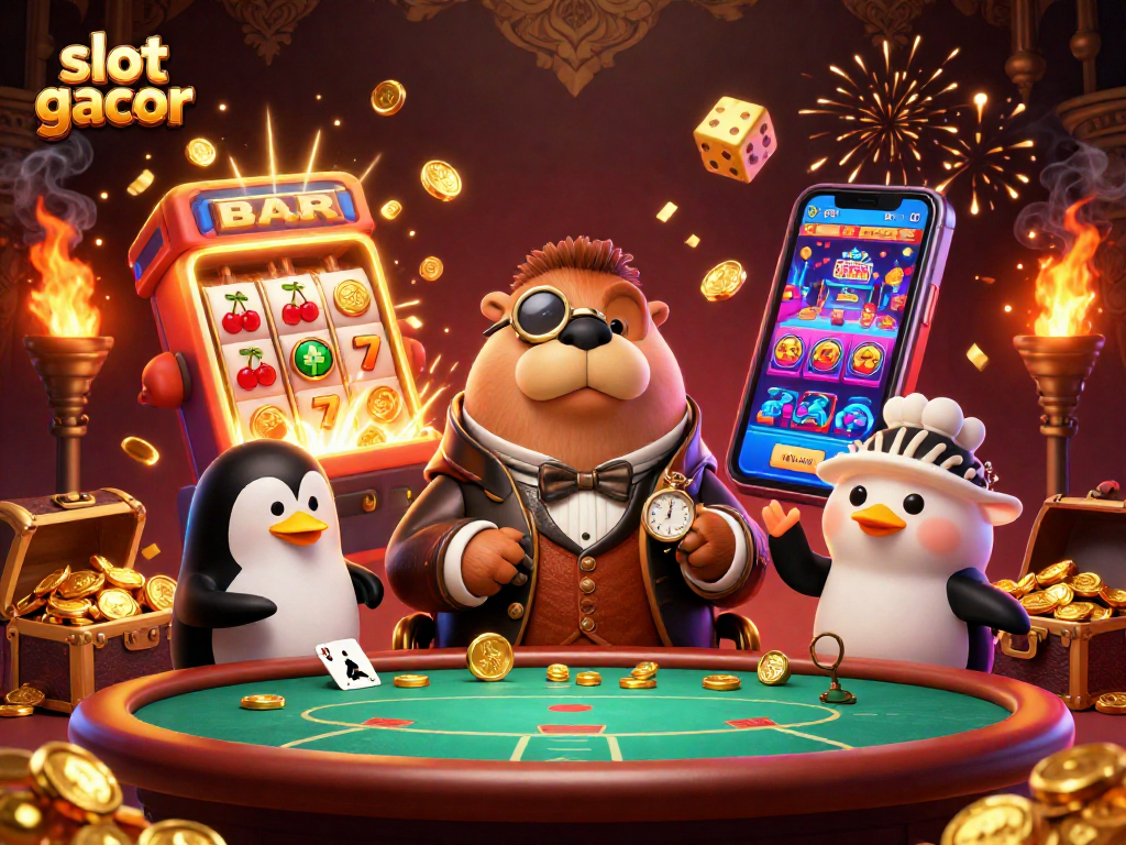 Engage with slot gacor gaming excitement featuring a fun walrus, skilled dealer, and dramatic slot action.