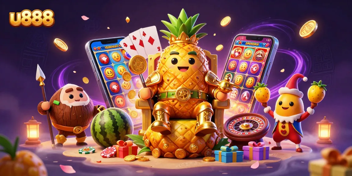 Experience thrilling gaming action at u888 with an engaging casino scene featuring a golden pineapple king.