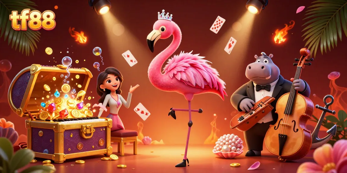 Experience the thrill of gaming with tf88's vibrant 3D casino illustration, featuring joyous characters and dynamic elements.