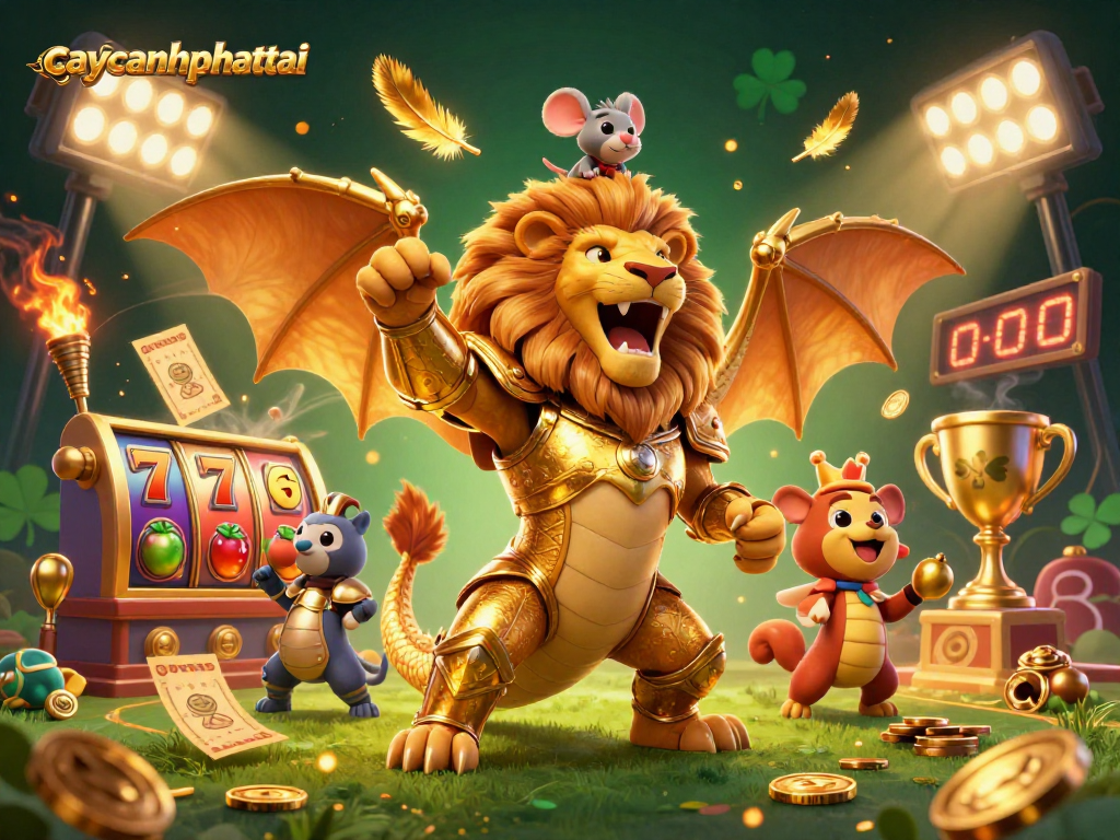 Caycanhphattai showcases a triumphant chimera in golden armor celebrating casino wins amid vibrant slot symbols.