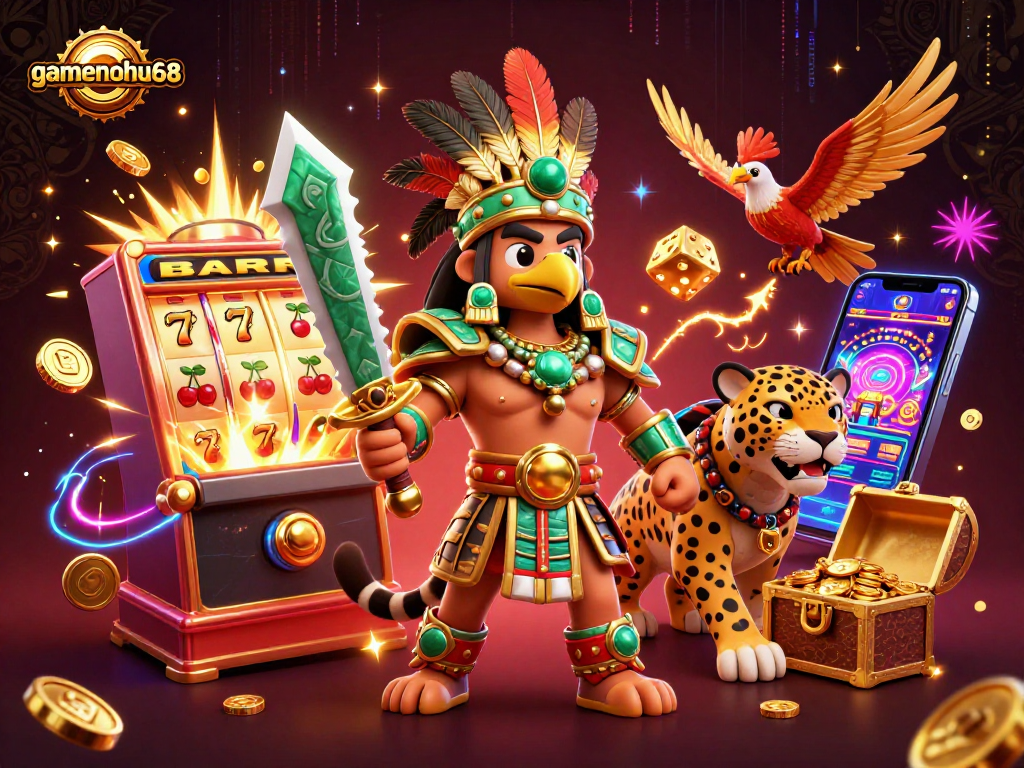 Experience the allure of gamenohu68 with a vibrant casino-themed 3D scene featuring iconic symbols and characters.