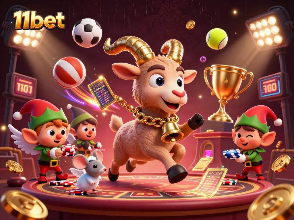 11bet showcases lively 3D casino action with characters and games in a festive setup