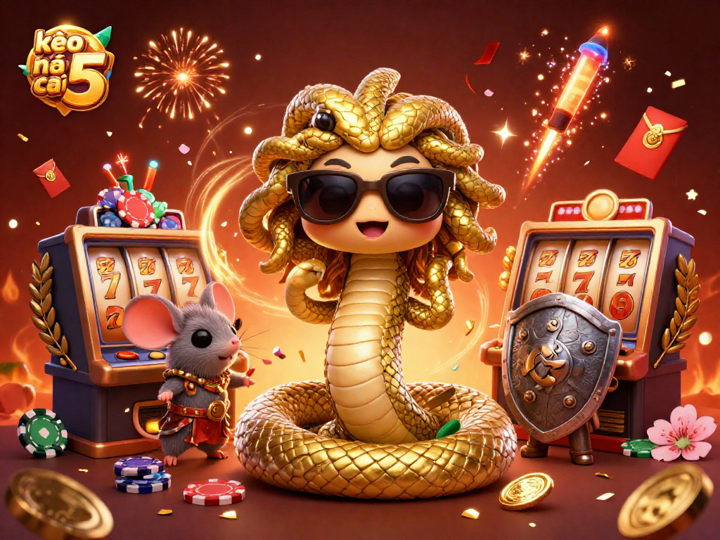 Experience thrills with kèo nhà cái 5 featuring Medusa and a warrior mouse amidst casino excitement.