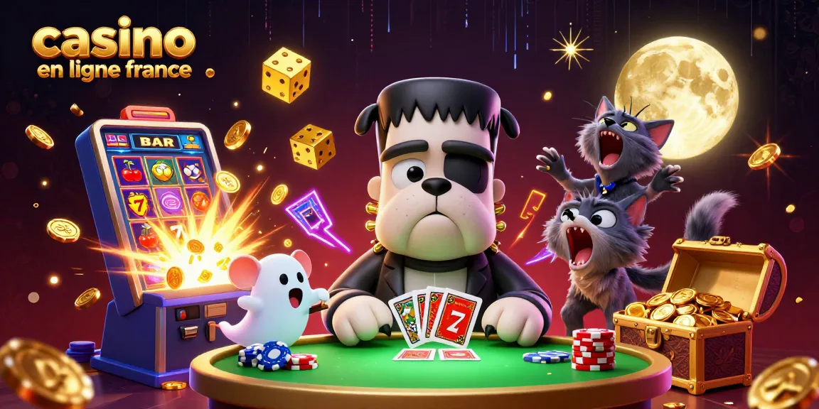Illustration dynamique de casino en ligne France avec un bulldog Frankenstein et des éléments de jeux