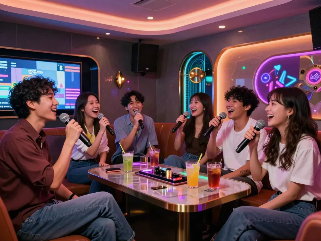 달리는토끼에서 즐거운 노래를 부르는 친구들, 화려한 조명과 현대적인 음향 시스템이 있는 가라오케 룸.