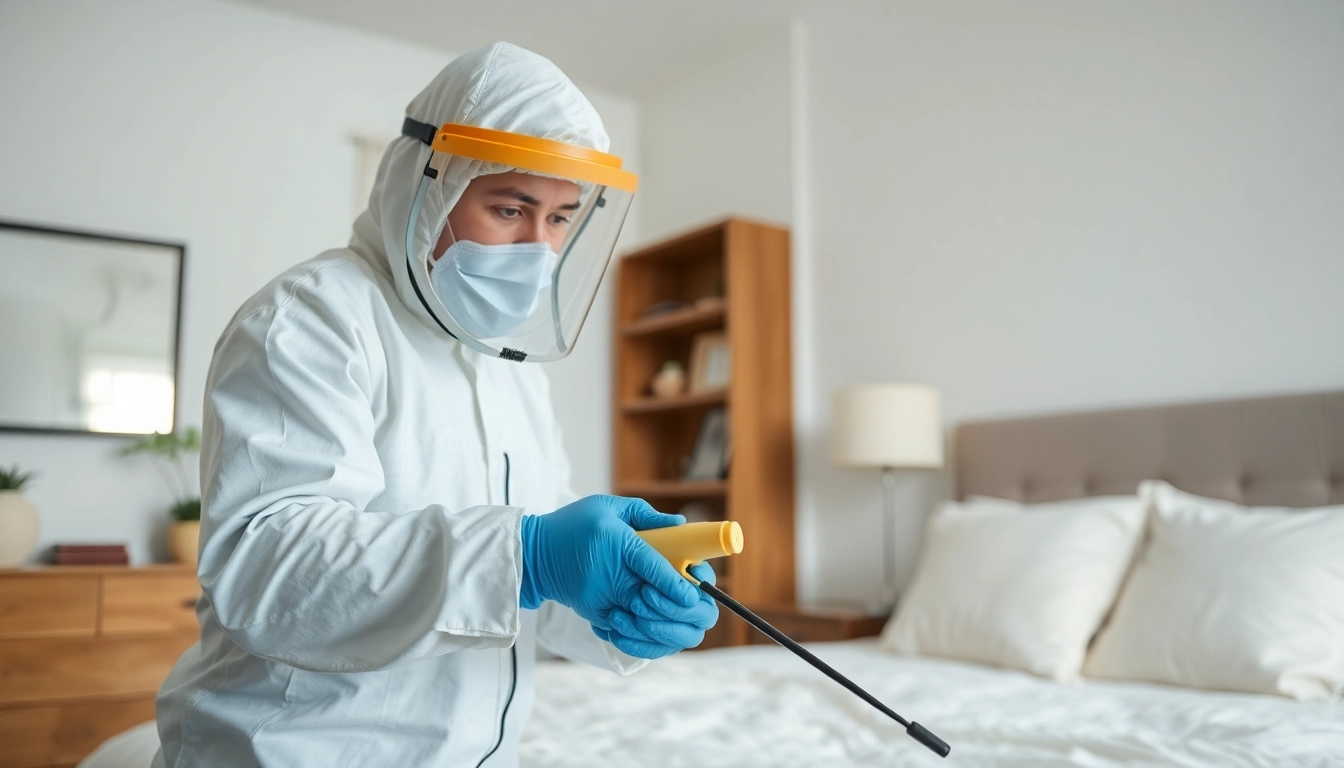 Professional pest control technician demonstrating bed bug pest control techniques in a bright bedroom.