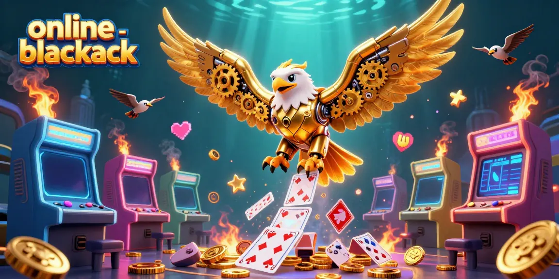 Engage in online blackjack gameplay with a vibrant cybernetic eagle, holographic cards, and animated arcade elements.