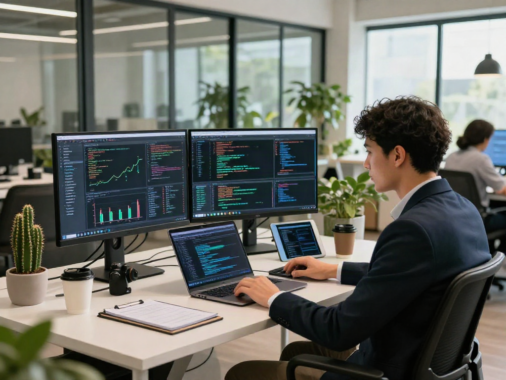 AI Detector workspace with a data scientist analyzing AI content on multiple screens in a modern environment.