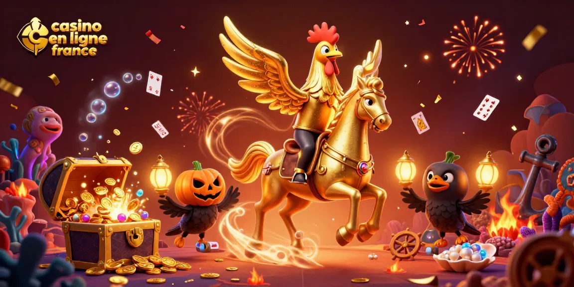 Illustration festive de casino en ligne France avec un coq doré et des compagnons insolites.