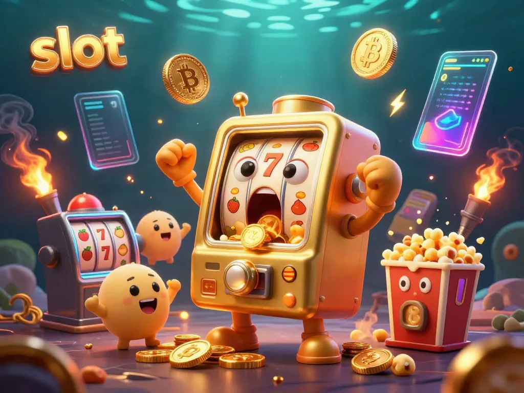 Slot memberikan kejutan jackpot dengan koin mengalir, dikelilingi mesin slot dan popcorn emas.
