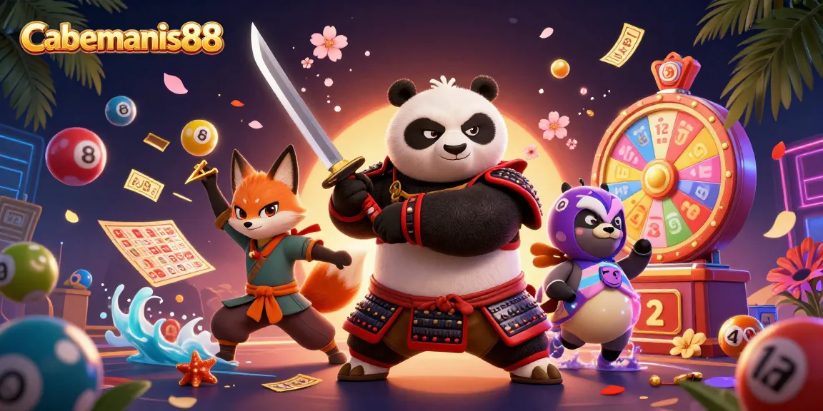 Engage with Cabemanis88 as fierce samurai panda and ninja fox battle in an energetic casino scene.
