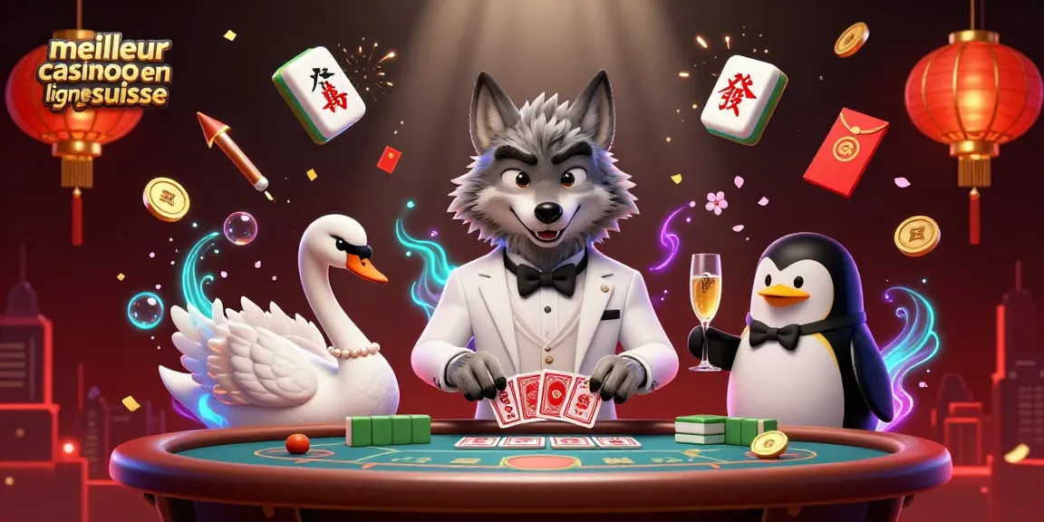 Illustration dynamique d'un meilleur casino en ligne suisse avec un loup élégamment habillé, un cygne et un pingouin offrant des boissons.