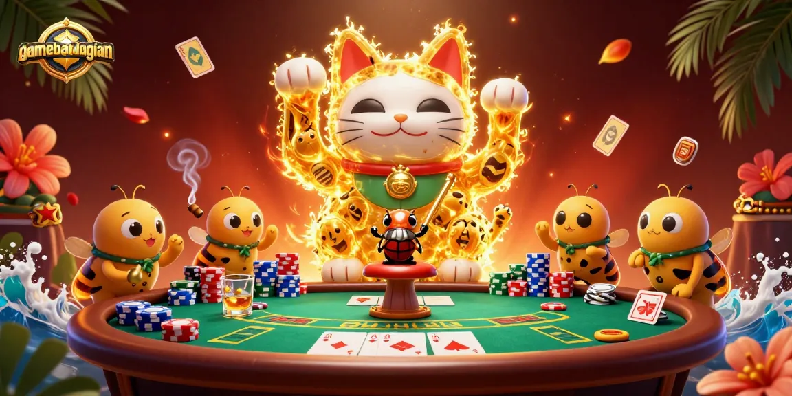 Immerse in the excitement of gamebaidangian with a lively lucky cat surrounded by poker elements and rich details.