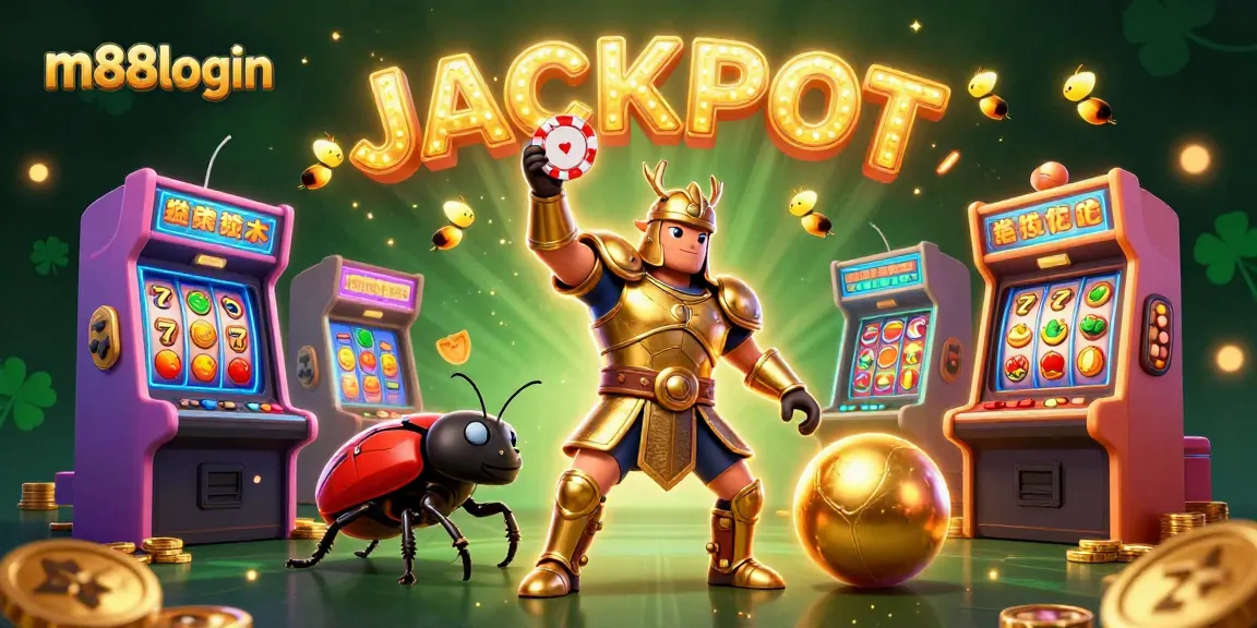 Win big with m88login, featuring a victorious beetle in golden armor surrounded by vibrant casino elements.