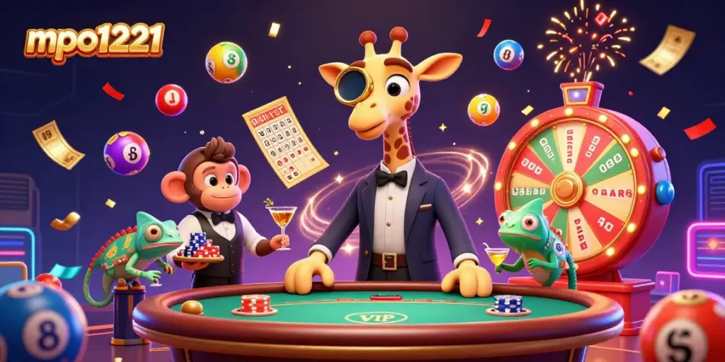 Spin and win with mpo1221 on vibrant casino-themed illustration featuring unique characters and dynamic elements.