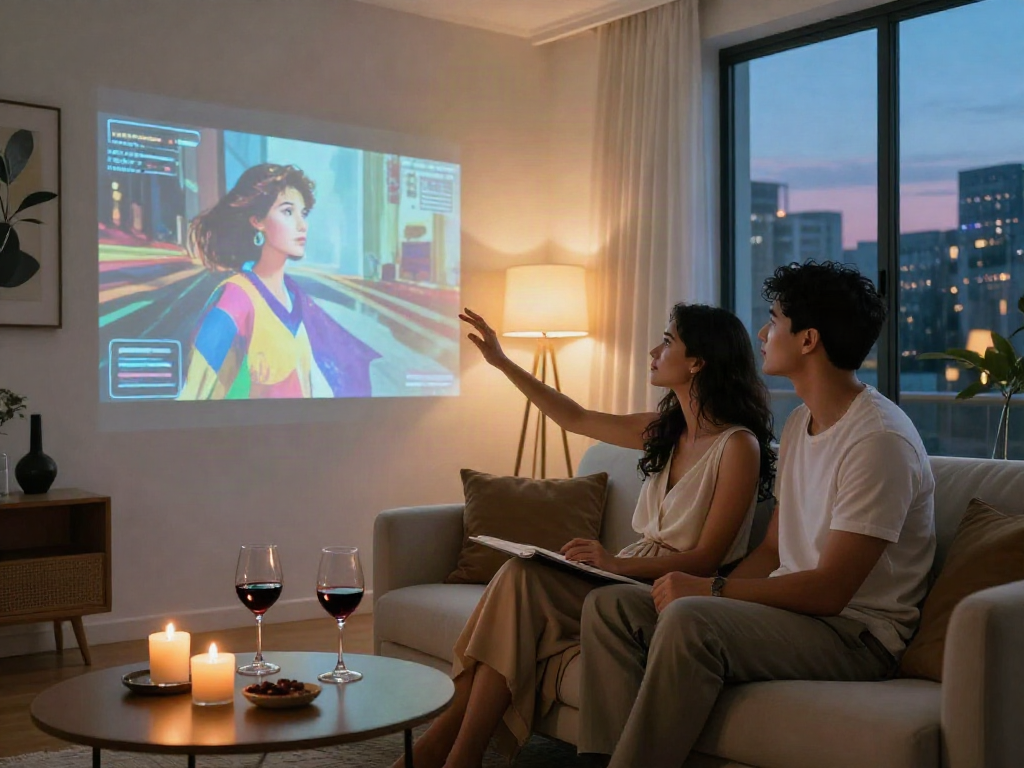 Couple engaging in AI porn experience with modern decor and intimate atmosphere