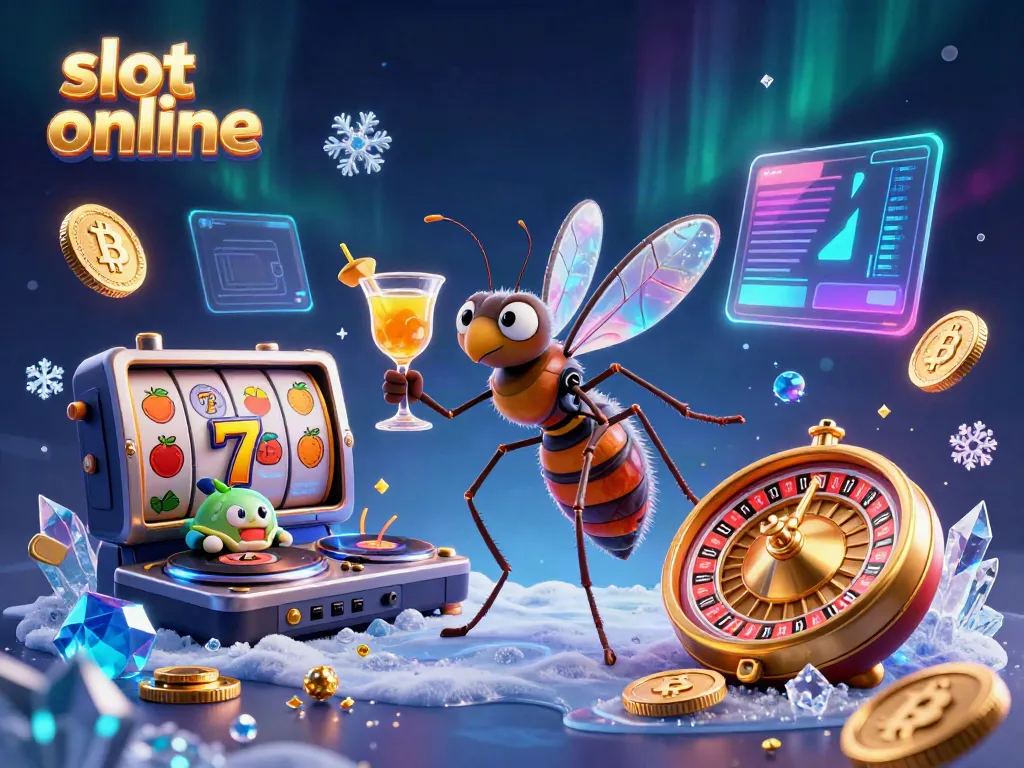 Engaging slot online scene featuring a frozen mosquito mascot and a trilobite DJ, highlighting casino elements.