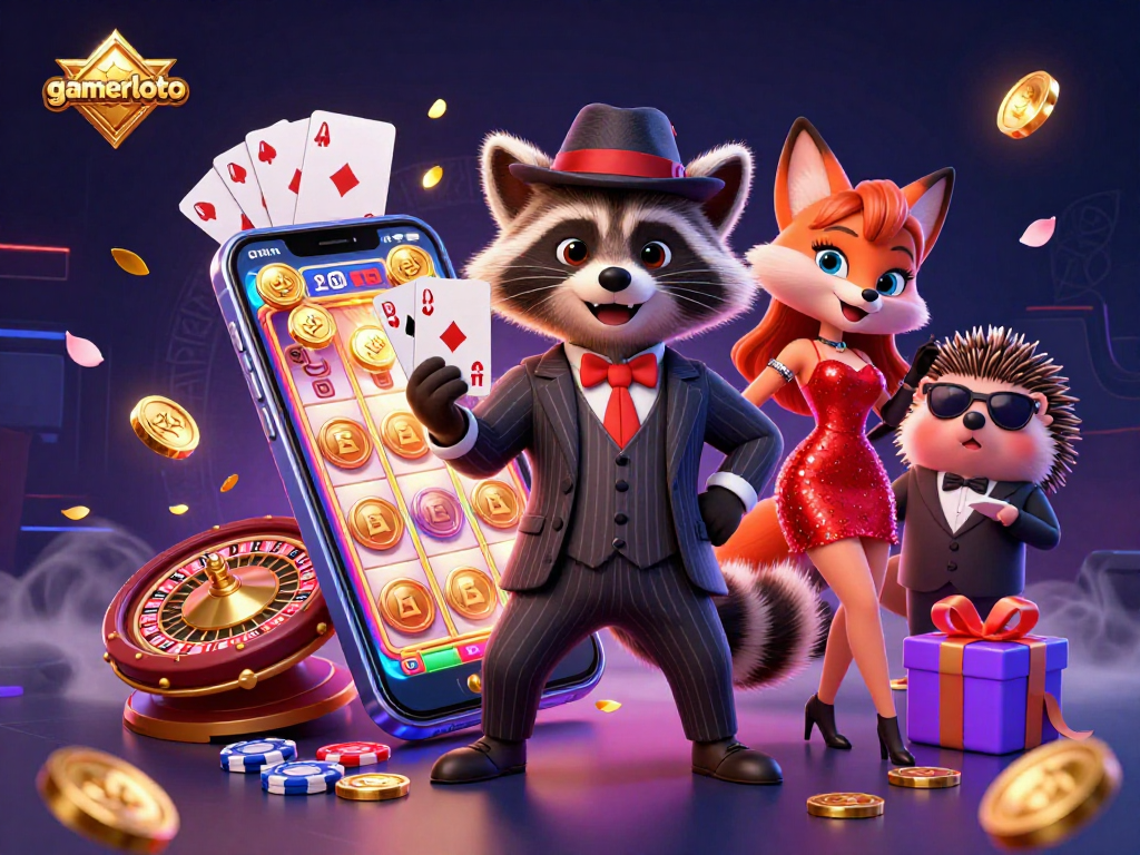Experience the thrill of gaming with gamerloto's vibrant casino scene featuring a charming raccoon and fox.