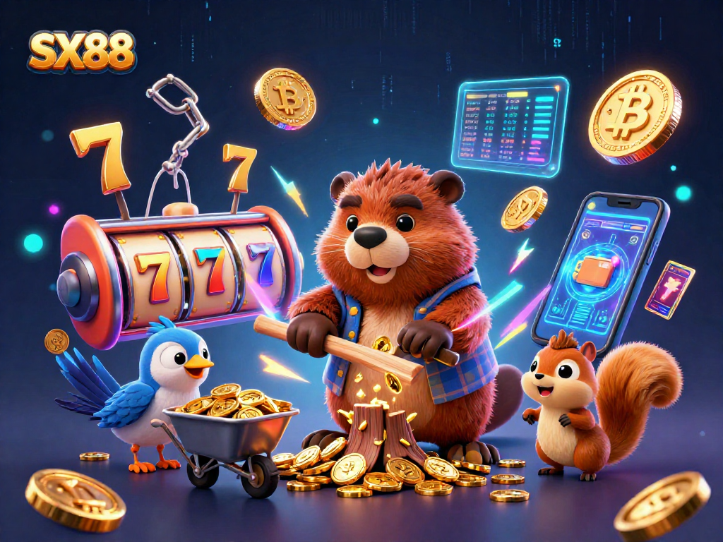 SX88 engages players with a vibrant illustration showcasing a beaver collecting coins amidst slot reels and crypto elements.