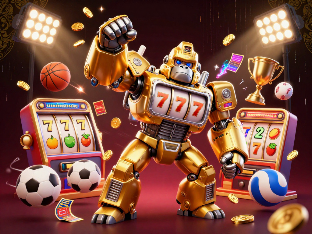 gamebaimobile showcases a vibrant 3D casino scene with a golden gorilla mech, slots, and sports elements.