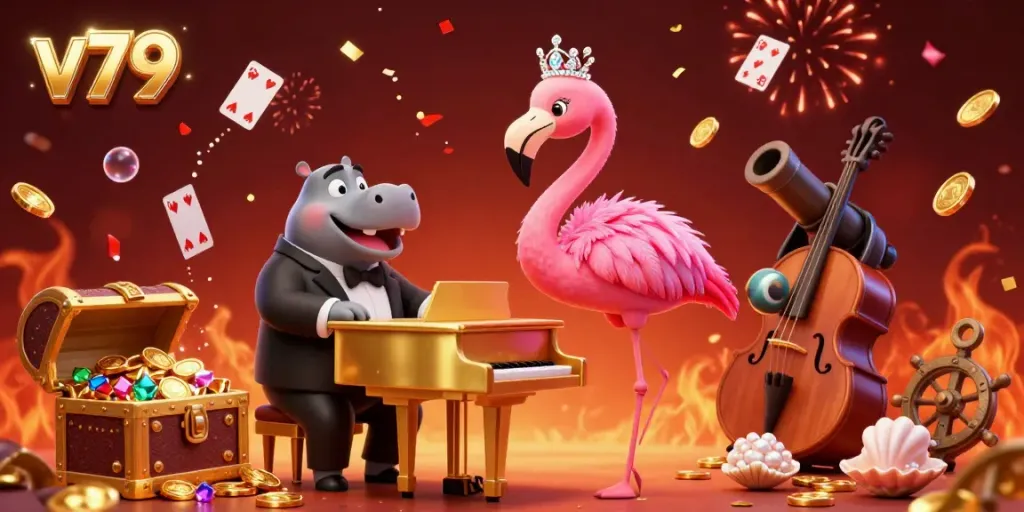 Experience thrilling action at v79 with a lively casino scene featuring a flamingo singer and hippo bassist.