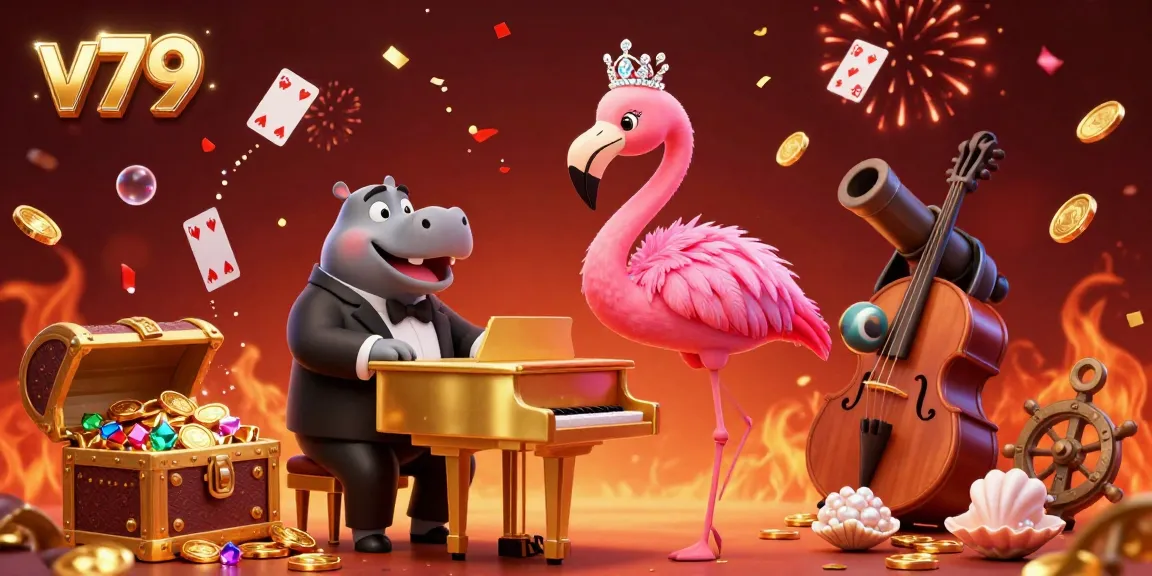Experience thrilling action at v79 with a lively casino scene featuring a flamingo singer and hippo bassist.