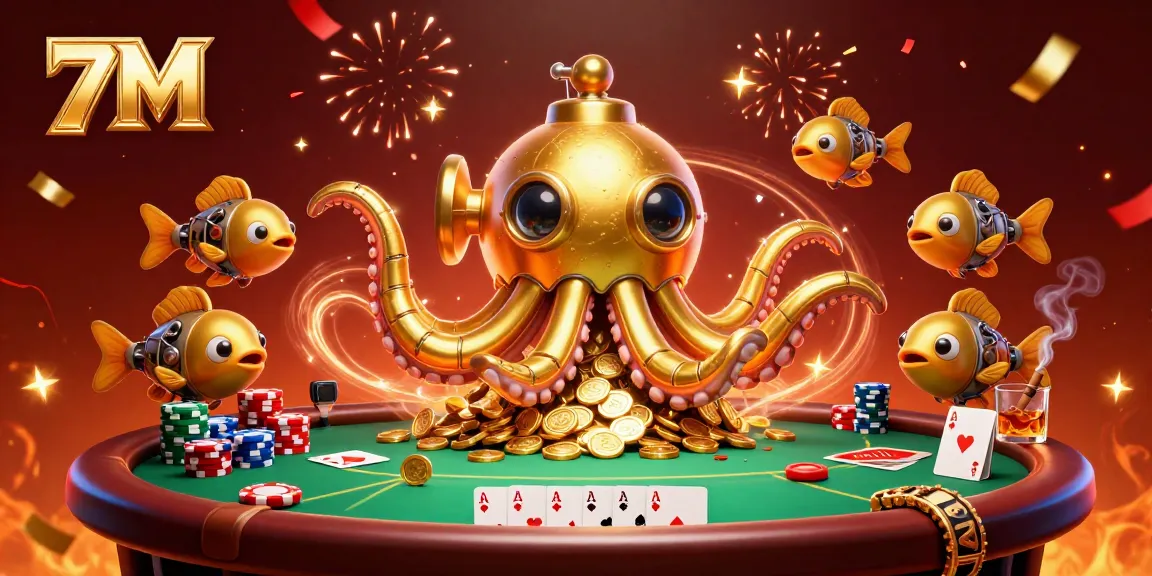 Experience thrilling gaming with 7M's dynamic representation of a golden kraken submarine among poker elements.