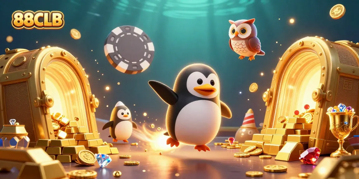 Experience exhilarating gaming action at 88CLB with a vibrant illustration showcasing a golden penguin and casino themes.