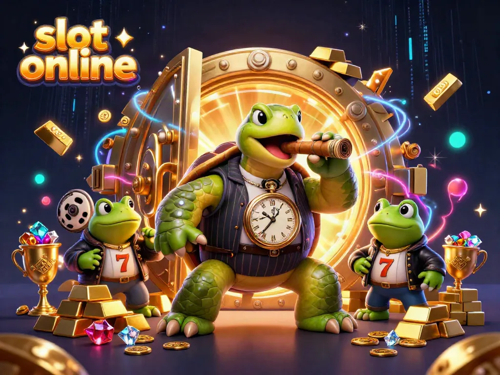 Engage with slot online excitement in a vibrant casino scene featuring animated characters and treasures.