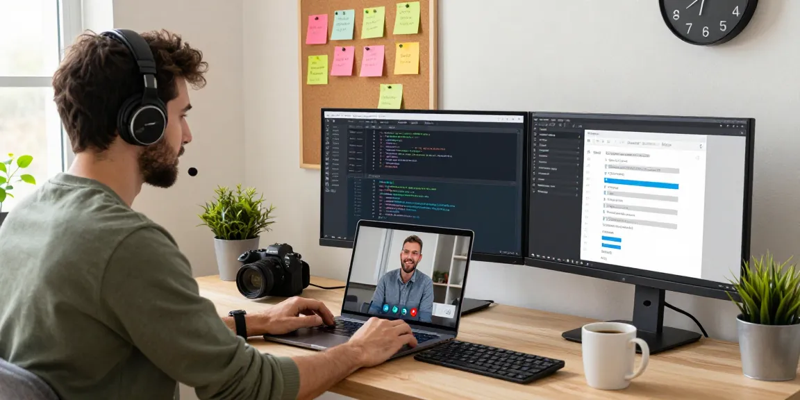Software developer collaborating remotely on https://www.bdtjl.app/ in a modern home office.