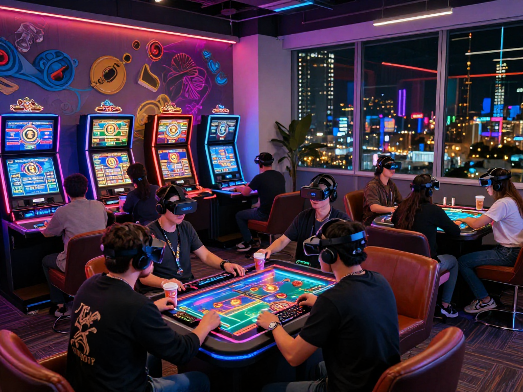 Exciting crypto casino atmosphere with diverse players engaged in virtual gaming experiences and colorful LED lighting.