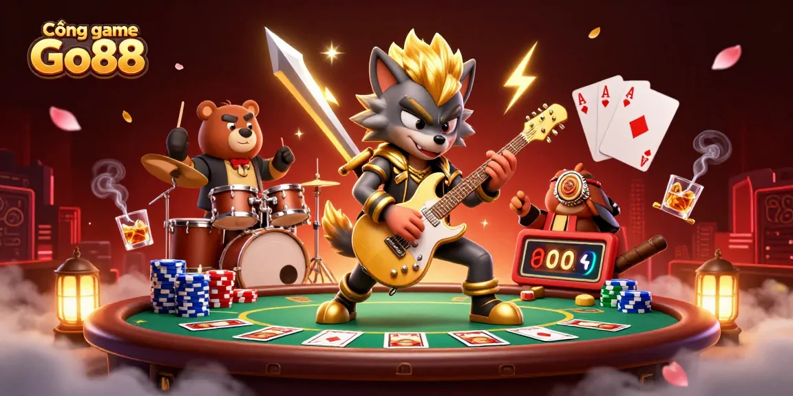 Cổng game Go88 showcases a dynamic scene with a rock star wolf and drummer bear in a lively casino performance.