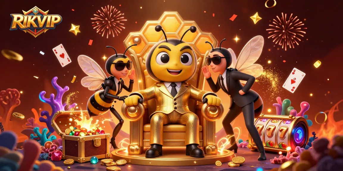 Experience the thrill of RIKVIP casino with dynamic 3D characters amidst exciting slot games and festive celebrations.