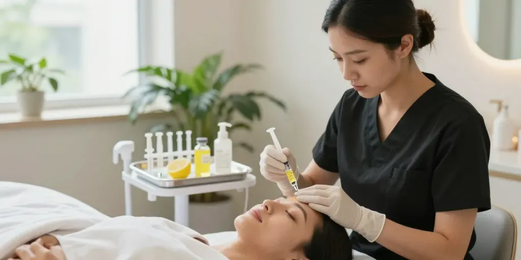 Lemon bottle peptide injection treatment in a serene wellness spa with focused aesthetician and calming atmosphere.