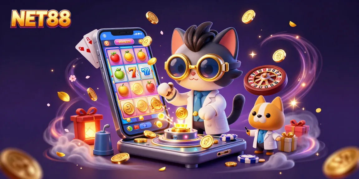 Win big with NET88 in a lively 3D casino scene full of excitement and colorful gaming elements.