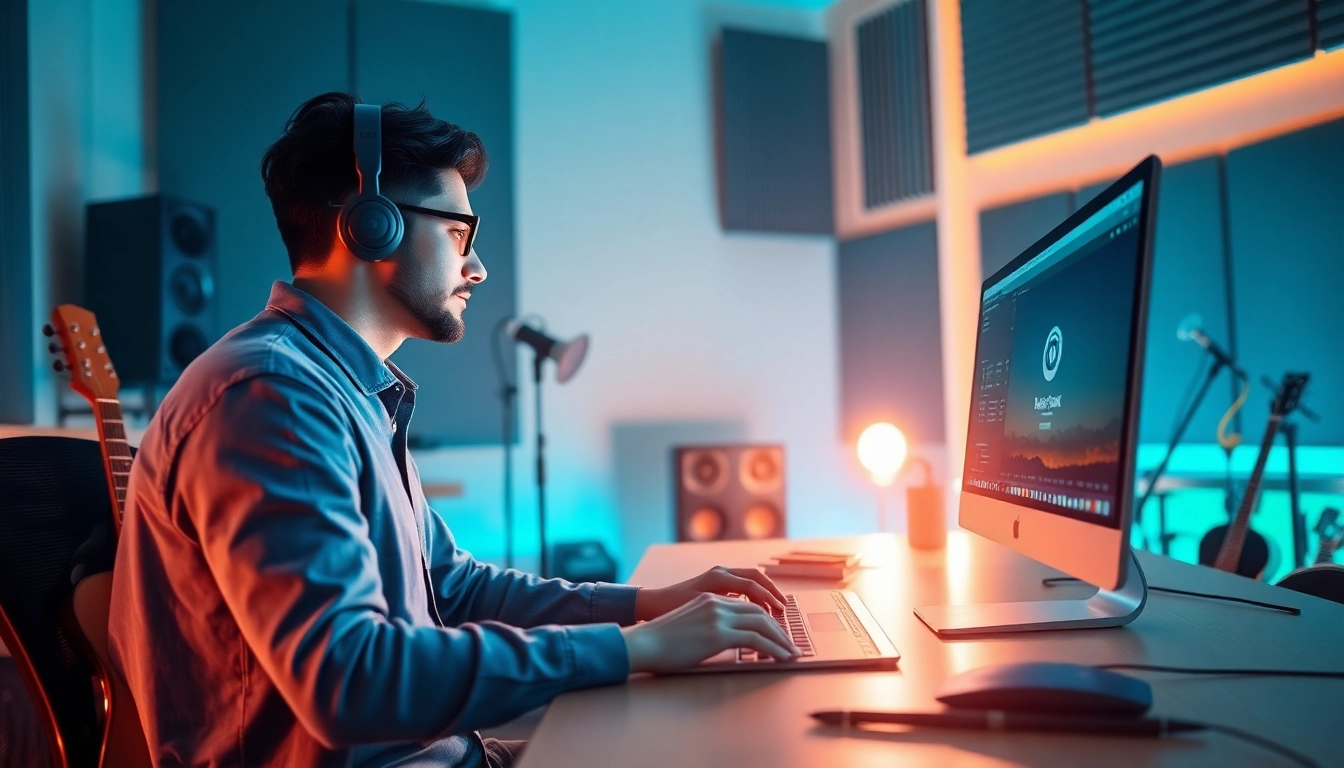 使用汽水音乐电脑版的音乐家在现代工作室中创作音乐，营造出富有创意的氛围。