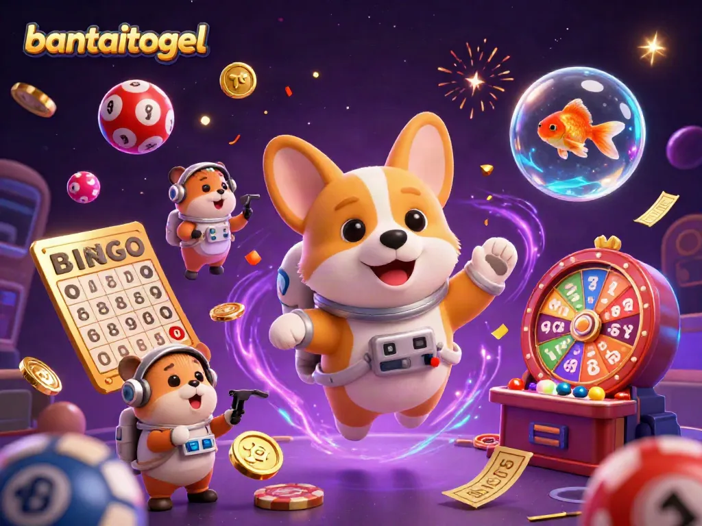 Gambarkan suasana bermain bantaitogel dengan astronaut corgi, hamster, dan ikan hias dalam kasino luar angkasa.