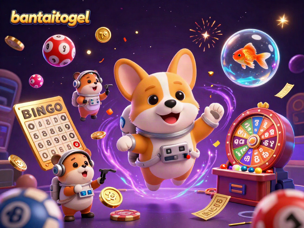 Gambarkan suasana bermain bantaitogel dengan astronaut corgi, hamster, dan ikan hias dalam kasino luar angkasa.