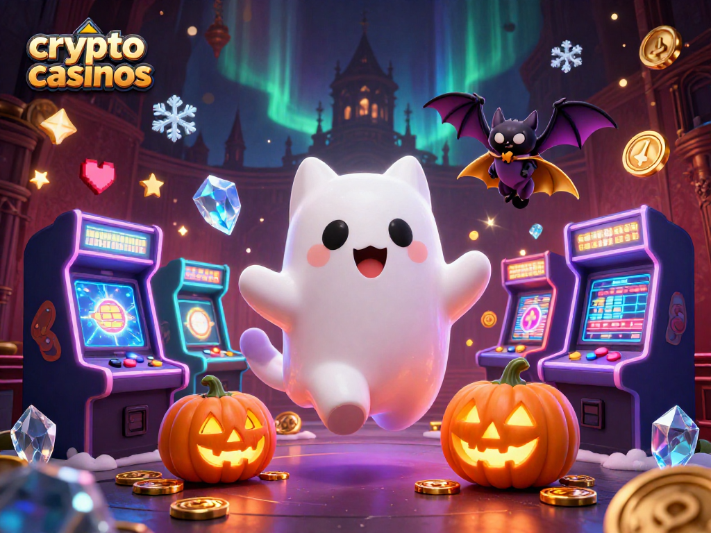 Jouez aux crypto casinos avec cette scène animée de chat fantôme et de personnages sous un éclairage mystérieux.