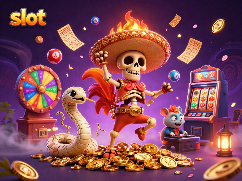 Spin and experience excitement with slots amid vibrant casino elements including trophies and golden coins.