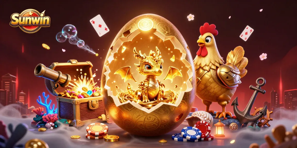Play and win with Sunwin: Explore the dazzling 3D casino scene featuring a golden egg and treasures.