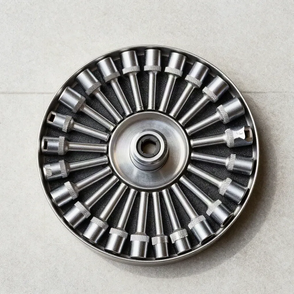 Overhead socket set fanned in a metal tray on pale stone