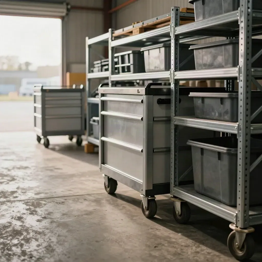 Worksite carts glide past steel racks in a hazy loading bay.